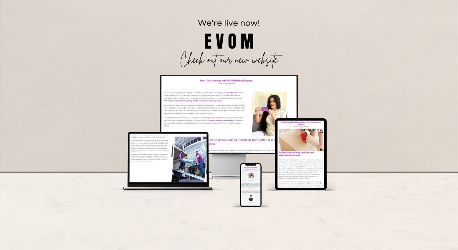 EVOM website shown on tablet and mobile devices