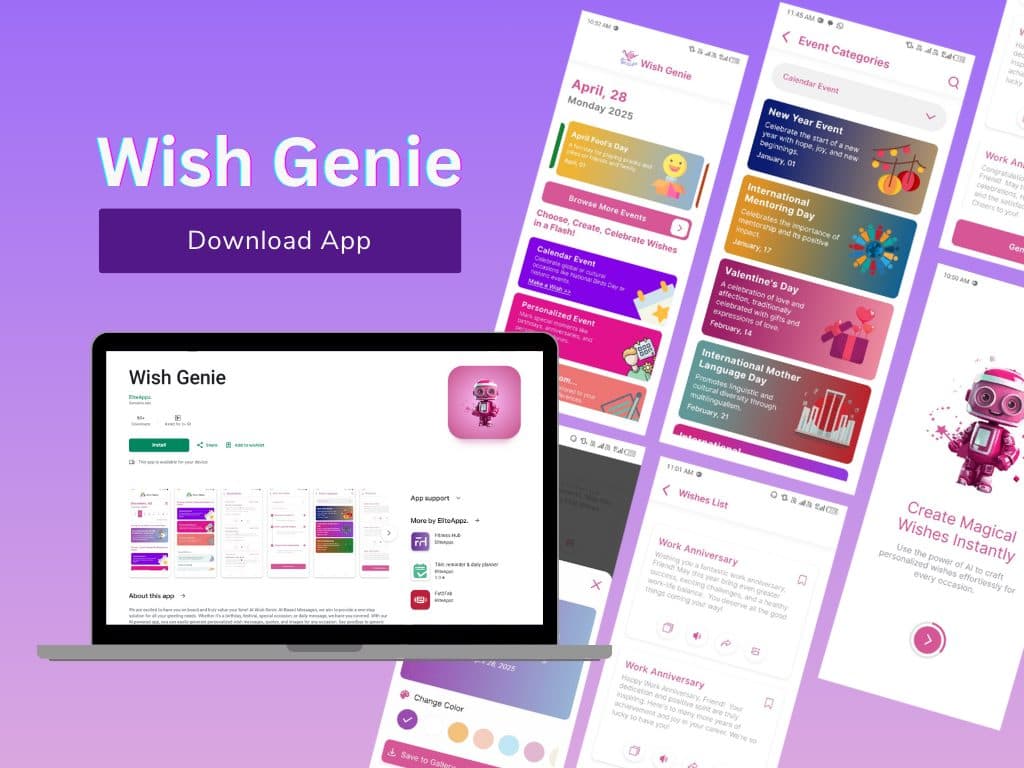 Wish Genie app store listing and phone screens